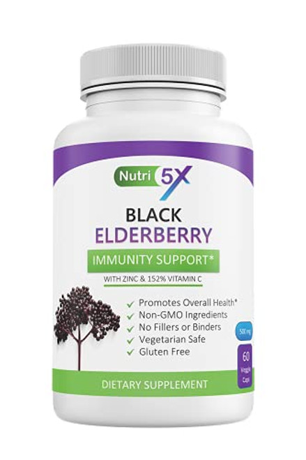 Nutri5X Elderberry Capsules with Zinc  and  Vitamin C -2 Month Supply- - Daily Herbal Supplement for Immune Support, Skin Health - Powerful Antioxidant - Natural Elderberries