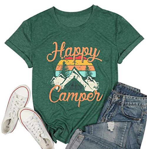 Happy Camper Shirt Women Funny Cute Graphic Tee Short Sleeve Letter Print Casual T Shirts -Green,Large- Happy Camper Shirt Women Funny Cute Graphic Tee Short Sleeve Letter Print Casual T Shirts -Green,Large-