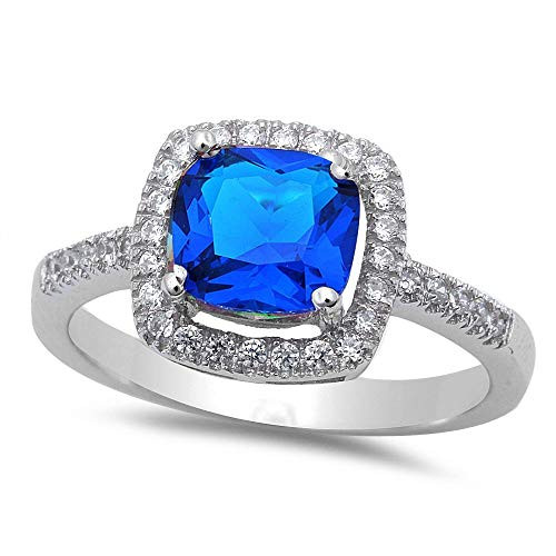 Solitaire Halo Wedding Engagement Ring Cushion Cut Simulated Blue Sapphire Round Cubic Zirconia 925 Sterling Silver, Size - 10