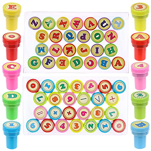 PIAOPIAONIU 52 Pcs Stampers for Kids Self-Ink Stamps Alphabet Letters Number Stamps Set Colorful Children Stamps Stampers for Party Favors,School Prizes,Learn Props,Party Supplies