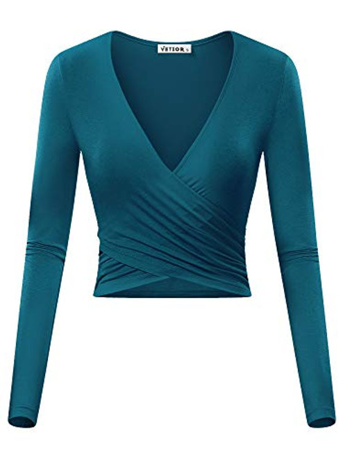 VETIOR Women's Deep V Neck Long Sleeve Unique Slim Fit Cross Wrap Shirts Crop Tops -Large, Teal.-