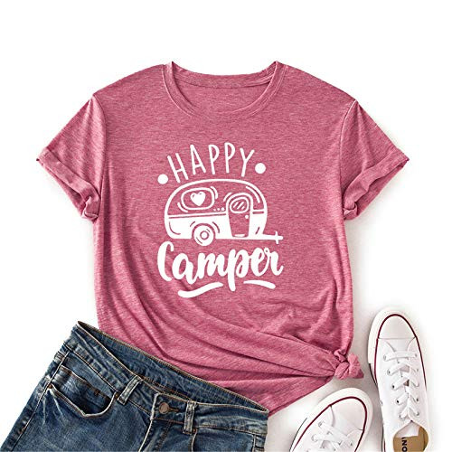 NIHONGR Happy Camper T-Shirts for Women Camping Short Sleeve Graphic Casual Tee Tops-Pink-XL- NIHONGR Happy Camper T-Shirts for Women Camping Short Sleeve Graphic Casual Tee Tops-Pink-XL-