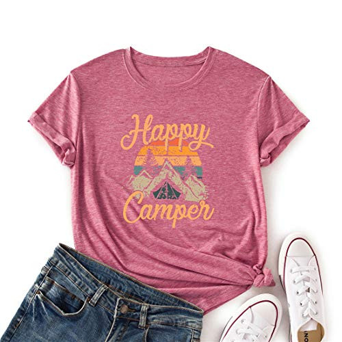 NIHONGR Women Happy Camper T-Shirt Funny Cute Graphic Tee Girl Tee Shirt Short Sleeve Casual Top Shirt-Pink- NIHONGR Women Happy Camper T-Shirt Funny Cute Graphic Tee Girl Tee Shirt Short Sleeve Casual Top Shirt-Pink-