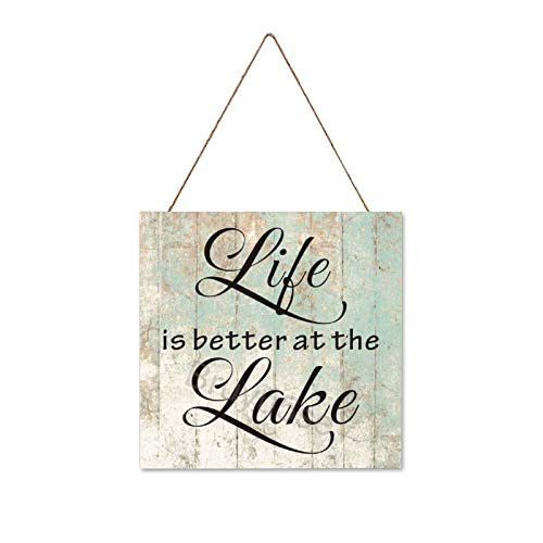 Bruyu5se Farmhouse Wall Hanging Wood Plaque Sign with Inspirational Quote Life is Better at The Lake, Rustic Wall Front Door Home Decorations 12x12Inch