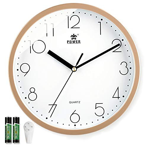 Laigoo 10 Inch Modern Wall Clock Decorative Non-Ticking - Silent Quartz Movement Battery Operated Analog Clock Round for Bedroom, Home, School, Office-Gold-
