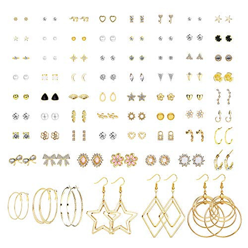 SAILIMUE 69 Pairs Assorted Multiple Stud Earrings Hoop Set Dangle Cute Hypoallergenic Earrings CZ Bow Butterfly Flower Leaf Ball Simple Drop Earrings Stud for Women Pack gold
