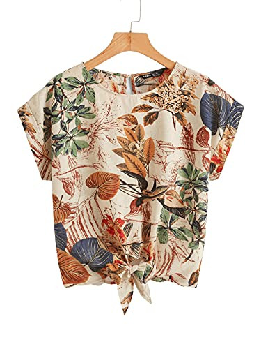SheIn Women's Short Sleeve Round Neck Striped Print Knot Front Blouse Top Multicolor Tropical L