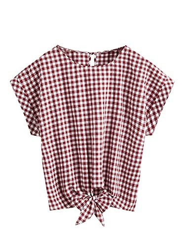 Romwe Women's Casual Plaid Batwing Short Sleeve Knot Front Loose Blouse Tops Shirts Burgundy S