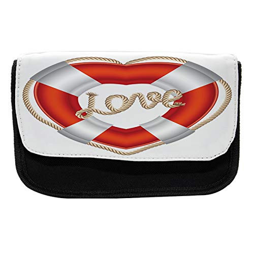 Ambesonne Romantic Pencil Case, Valentine Love Hearts, Fabric Pen Pencil Bag with Double Zipper, 8.5" x 5.5", Orange White Cream