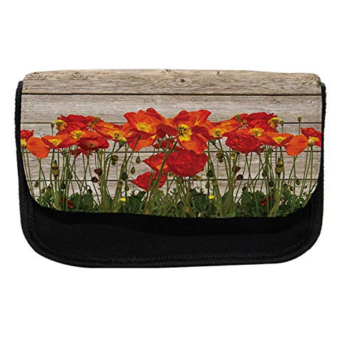 Ambesonne Rustic Pencil Case, Blooming Poppy Flowers, Fabric Pen Pencil Bag with Double Zipper, 8.5" x 5.5", Orange Brown