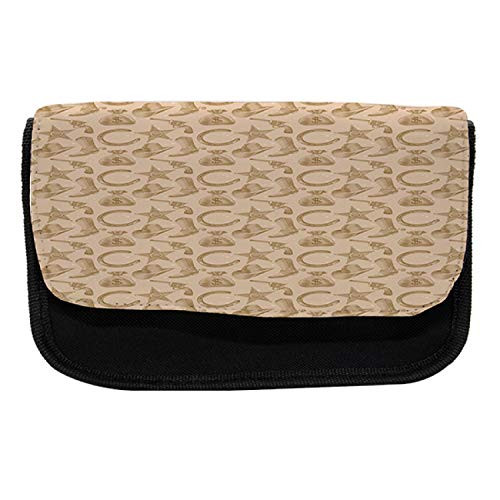 Ambesonne Western Pencil Case, Money Revolver and Dots, Fabric Pen Pencil Bag with Double Zipper, 8.5" x 5.5", Tan Brown