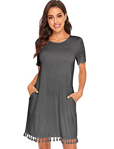 Romwe Women's Summer Short Sleeve Pocket Tassel Hem Loose Tunic T-Shirt Dress Dark Gray Solid L