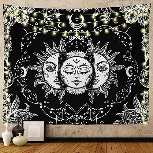 Ftuency Sun and Moon Tapestry, Black and White Tapestries Mystic Burning Sun with Star Wall Hanging decor for Bedroom-82.7"W x 59.1"L- Ftuency Sun and Moon Tapestry, Black and White Tapestries Mystic Burning Sun with Star Wall Hanging decor for Bedroom-82.7"W x 59.1"L-