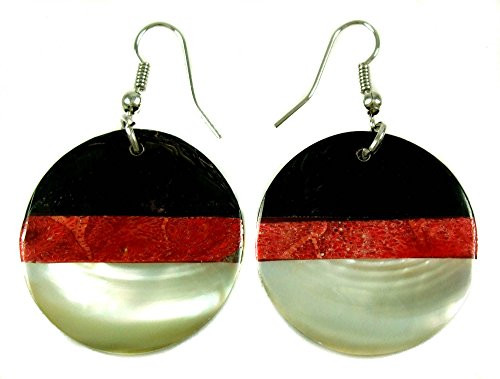 Mother of Pearl Earrings with Red Coral Handmade 2 inch Round Dangle Drop Natural Shell Women Jewelry BA097