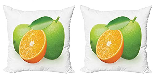 Ambesonne Green and Orange Decorative Throw Pillow Case Pack of 2, Fresh Limes with Half Orange Winter Season Fruits Citrus Theme, Couch Bedroom Living Room Cushion Cover, 24", Orange Apple Green