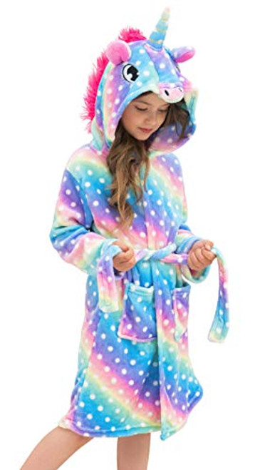 Doctor Unicorn Soft Unicorn Hooded Bathrobe Dots Sleepwear - Unicorn Gifts for Girls -Rainbow, 7-9 Years-