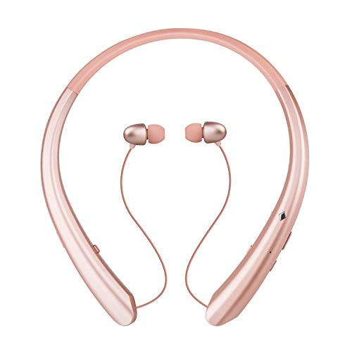 Wireless Neckband Headset,Wireless Earbuds Stereo Retractable Headphones Earphones W/Call Vibrate Alert & Voice Prompts, Noise Cancelling Built-in Mic (Rose Gold)