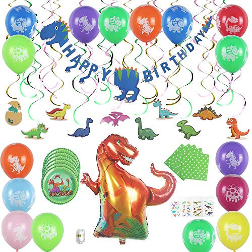 Dinosaur Party Supplies for Dinosaur Birthday Party | 85 Piece Dinosaur Themed Party Kit with Happy Birthday Banner, Dino Balloons, Plates and Napkins to serve 16, Hanging Dinosaur Streamer Decorations, and Tattoos Dinosaur Party Supplies for Dinosaur Birthday Party | 85 Piece Dinosaur Themed Party Kit with Happy Birthday Banner, Dino Balloons, Plates and Napkins to serve 16, Hanging Dinosaur Streamer Decorations, and Tattoos