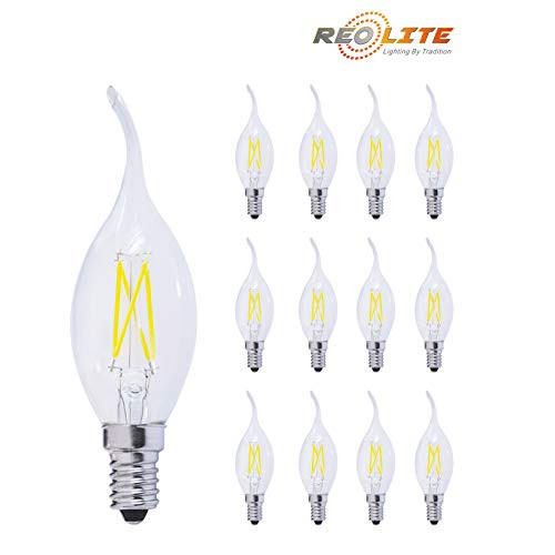 Reo-Lite 40W Equivalent Dimmable 4W LED Candelabra Bulb 400LM 2400K Warm White, E12 Chandelier Base CA12 Candle Bulb, 360 Degree Beam Angle, C35 Clear Glass Bent Tip Flame Shape, 12 Pack