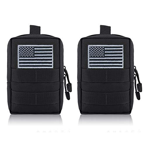 FUNANASUN MOLLE Pouches - 2 Pack Tactical Compact Pack Water-Resistant Utility EDC Pouch Small Black with US Flag Patch-Black-
