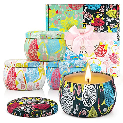 Scented Candles Gift Set, 4 Pack Birthday Gifts for Women 4.4oz Soy Wax Candles for Home Scented, Lavender Candle Set, 8 percent Essential Oil Aromatherapy Candle Gift for Stress Relief
