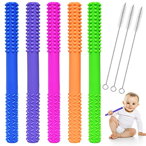 NunuBorn Hollow Teething Tubes, 5 Pack Soft Silicone Baby Teething Toys, Teethers for Babies 6-12 Months with 3 Cleaning Brushes, BPA Free/Freezable/Dishwasher Safe-6.8inches-