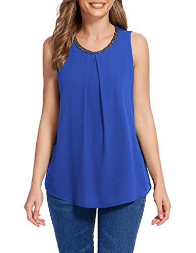 Chigant Women's Tops Sleeveless Chiffon Tank Summer Round Neck Loose Tunic L Blue