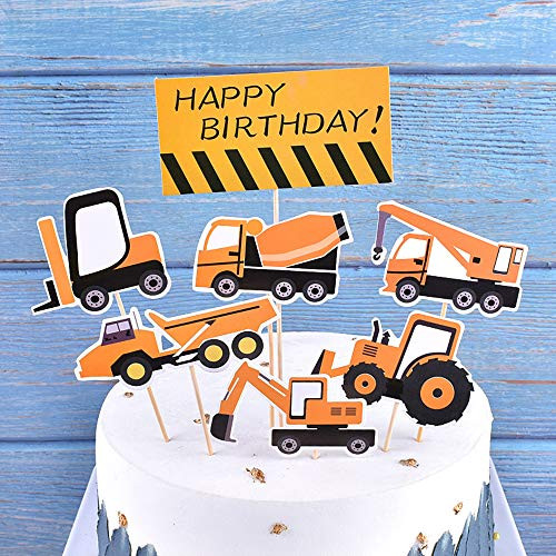 Yetxel-7pcs construction theme happy birthday cake topper truck dumper excavator forklift bulldozer road roller boy girl happy birthday party supplies childrens construction first, second, third birthday cake topper -for direct use-