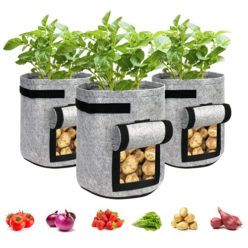 7 Gallon Grow Bags 3 Pack Potato Grow Bags- Thickened Fabric Pots- Garden Vegetables Planting Pots with Handles and Velcro Window, Grey -7 Gallon-Updated-