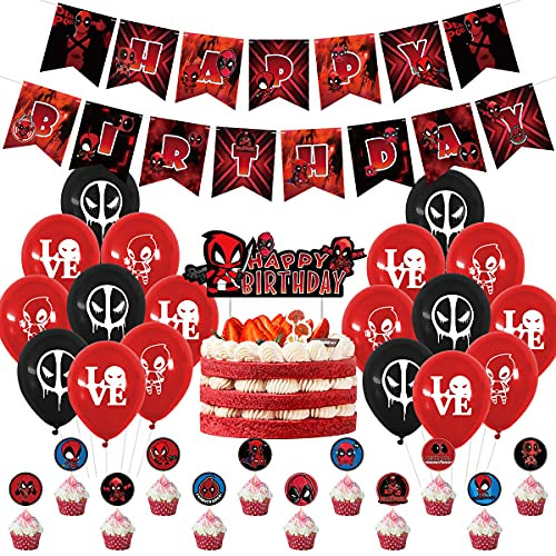 Superhero Deadpool Party Decorations Supplies Sets for Birthday Party, Includes Deadpool Happy Birthday Banner,Balloon,Cake Toppers for Deadpool Themed Party Supplies