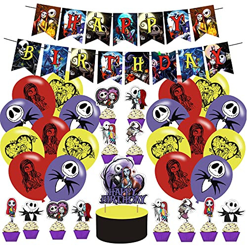 Nightmare Before Christmas Party Decorations Set Including Horrible Banner Latex Balloon Cupcake Toppers for Horrible Movie Theme Fans Favors Birthday Party supplies