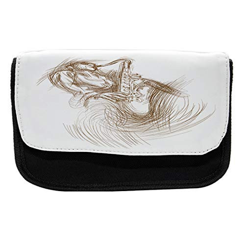 Lunarable Music Pencil Case, Blues Player with Sax Shades, Fabric Pen Pencil Bag with Double Zipper, 8.5" x 5.5", Brown White