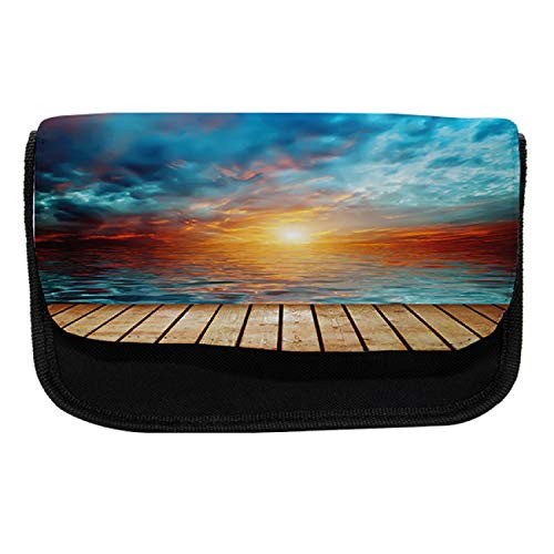 Lunarable Ocean Pencil Case, Dramatic Sunset Over The Sea, Fabric Pen Pencil Bag with Double Zipper, 8.5" x 5.5", Aqua Orange Pale Brown