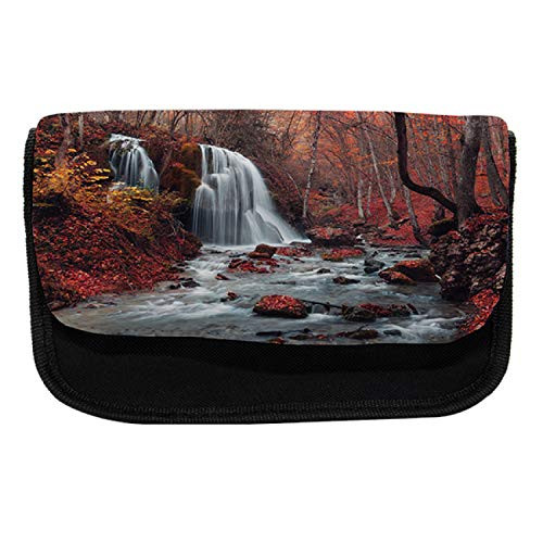 Lunarable Waterfall Pencil Case, Autumn Nature in Crimea, Fabric Pen Pencil Bag with Double Zipper, 8.5" x 5.5", Dark Brown Paprika Orange