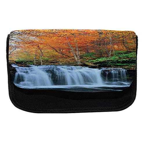 Lunarable Waterfall Pencil Case, Autumn Season Foliage, Fabric Pen Pencil Bag with Double Zipper, 8.5" x 5.5", Orange Green Dark Brown