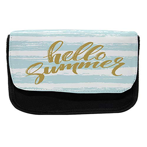 Lunarable Summer Pencil Case, Brush Lettering Style Words, Fabric Pen Pencil Bag with Double Zipper, 8.5" x 5.5", Pale Brown Pale Blue White