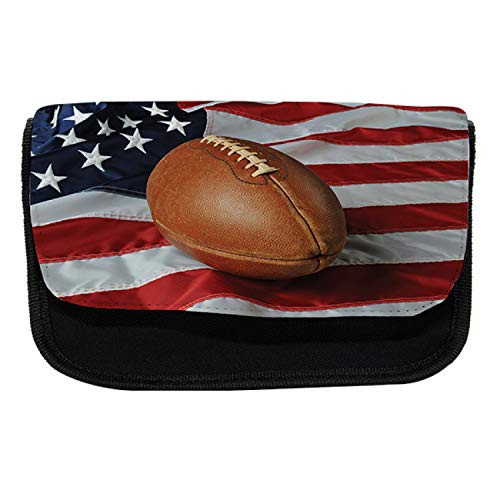 Lunarable Sports Pencil Case, Football Against a USA Flag, Fabric Pen Pencil Bag with Double Zipper, 8.5" x 5.5", Brown Red Navy Blue