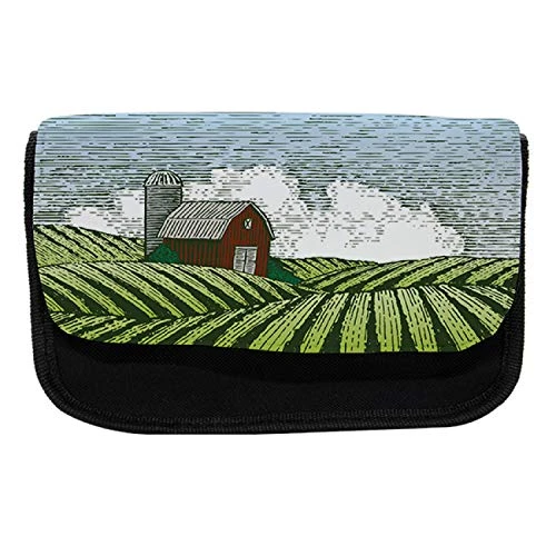Lunarable Country Pencil Case, Rural Wooden Country Life, Fabric Pen Pencil Bag with Double Zipper, 8.5" x 5.5", Green White Brown