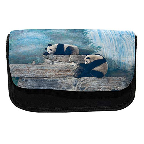 Lunarable Panda Pencil Case, Bear in Beijing Zoo on Stones, Fabric Pen Pencil Bag with Double Zipper, 8.5" x 5.5", Blue Brown