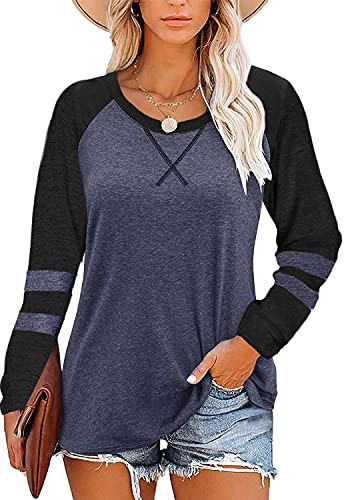 SAIKESIGIRL Womens Color Block Round Neck Tunic Tops Long Sleeve Casual Loose Shirts Blouses Navy Blue