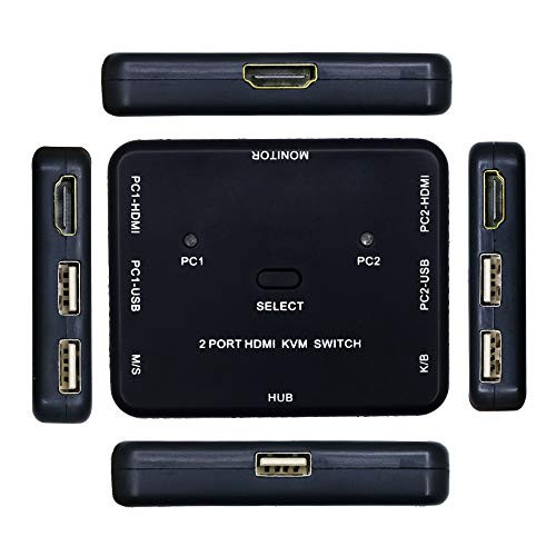 2 Port HDMI Switcher 2 Port USB KVM Switch 2 in 1 Out HD Switch USB Keyboard Mouse Sharing Device for Computer, PC, Laptop, Desktop, Monitor, Printer, Keyboard, Mouse Control