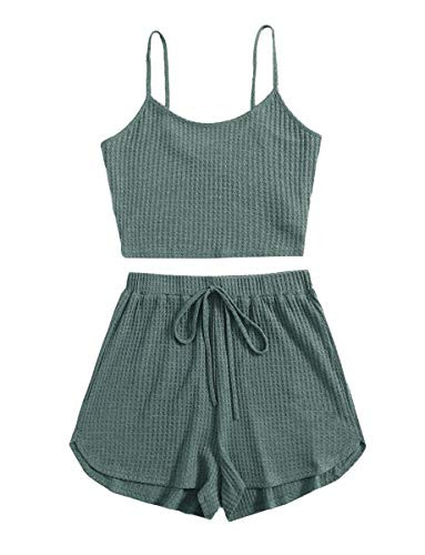 ROMWE Women's 2 Piece Pajama Set Crop Cami Tops and Shorts Lounge Set Outfit Dark Green S