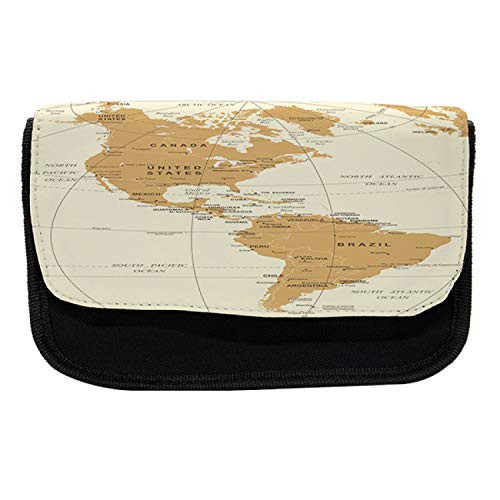 Ambesonne Venezuela Pencil Case, North South America Map, Fabric Pen Pencil Bag with Double Zipper, 8.5" x 5.5", Sand Brown Cream Dark Grey