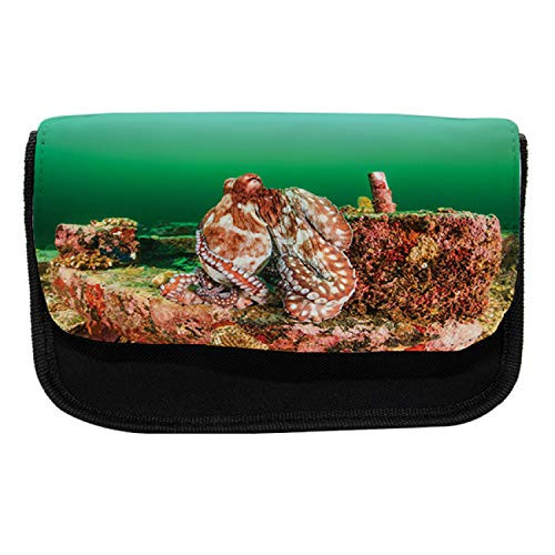 Ambesonne Under The Sea Pencil Case, Octopus in Water, Fabric Pen Pencil Bag with Double Zipper, 8.5" x 5.5", Green Brown Red