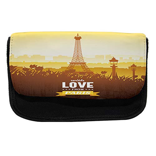 Ambesonne Paris Pencil Case, Tulips Romantic Scene, Fabric Pen Pencil Bag with Double Zipper, 8.5" x 5.5", Orange Yellow Brown
