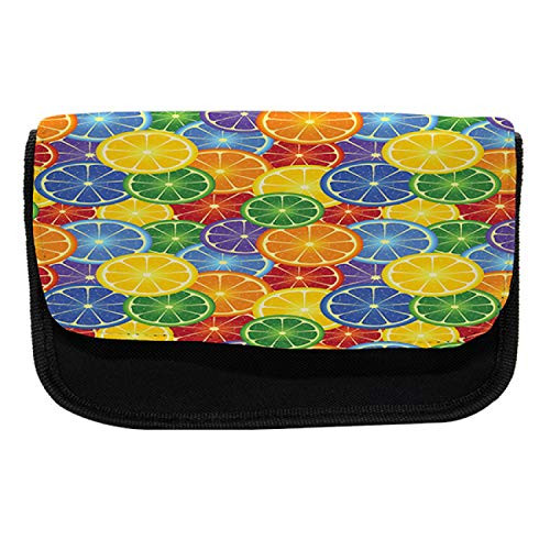 Ambesonne Abstract Pencil Case, Tropic Orange Fruit, Fabric Pen Pencil Bag with Double Zipper, 8.5" x 5.5", Yellow Blue Green