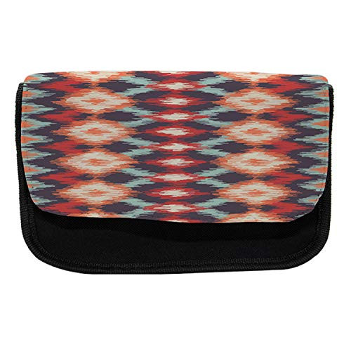 Ambesonne Ikat Pencil Case, Oriental Weaving Style, Fabric Pen Pencil Bag with Double Zipper, 8.5" x 5.5", Red Orange Teal