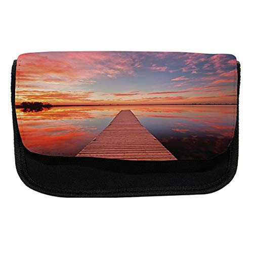 Ambesonne Nature Pencil Case, Pathway Sunset at Ocean, Fabric Pen Pencil Bag with Double Zipper, 8.5" x 5.5", Orange Lavender
