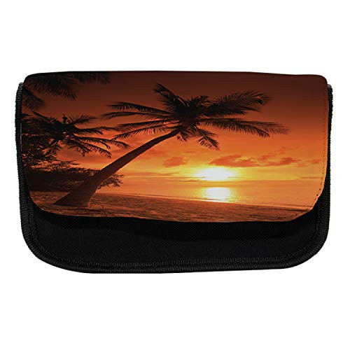 Ambesonne Tropical Pencil Case, Twilight Coconut Palms, Fabric Pen Pencil Bag with Double Zipper, 8.5" x 5.5", Coral Orange Brown