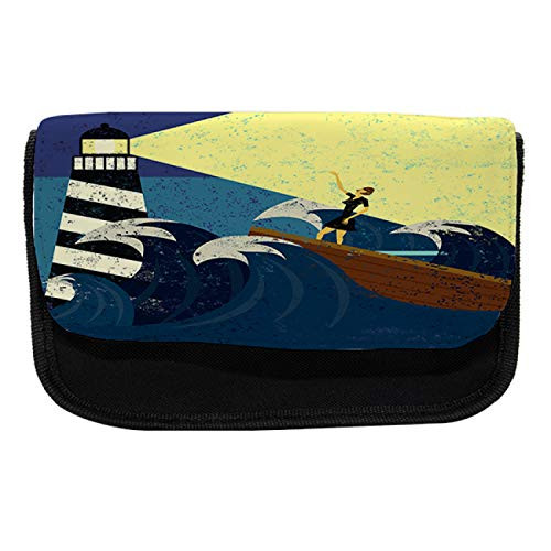 Ambesonne Vintage Boat Pencil Case, Grunge Sea Storm, Fabric Pen Pencil Bag with Double Zipper, 8.5" x 5.5", Dark Blue Yellow Brown